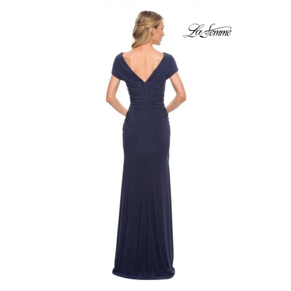 La Femme Womens Size 8 Navy Blue Jersey Evening Gown Maxi Dress Cocktail Wedding - Picture 3 of 12